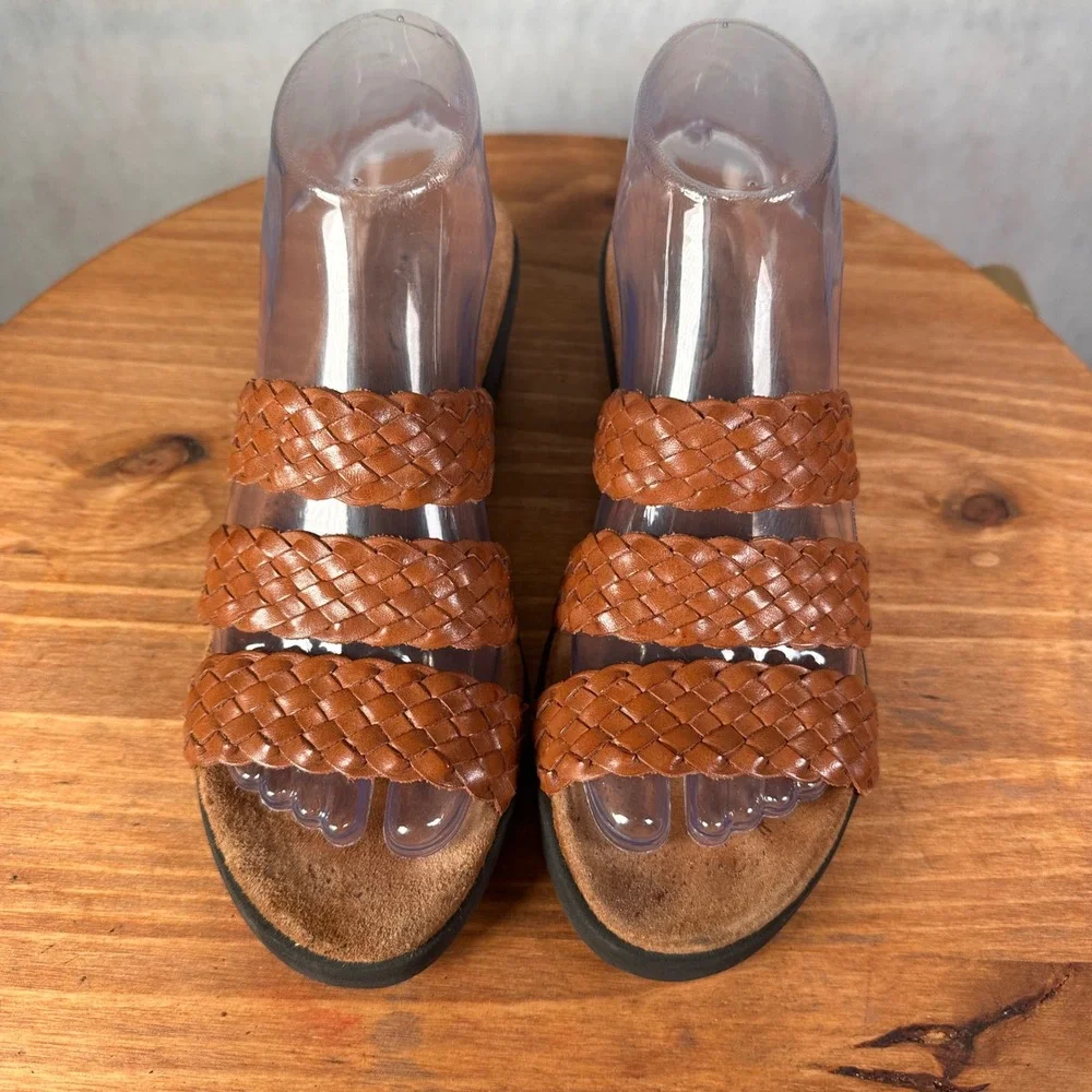 Rockport Woven Leather Wedge Sandals Womens 7.5M Brown Good W9841 Slides